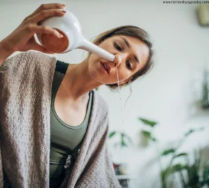 Women practicing Jala Neti nasal cleansing technique in yoga for sinus and breathing health