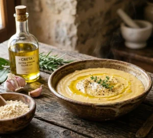 Palentu traditional Mediterranean dish made from chickpea flour with olive oil, garlic, and herbs in rustic setting