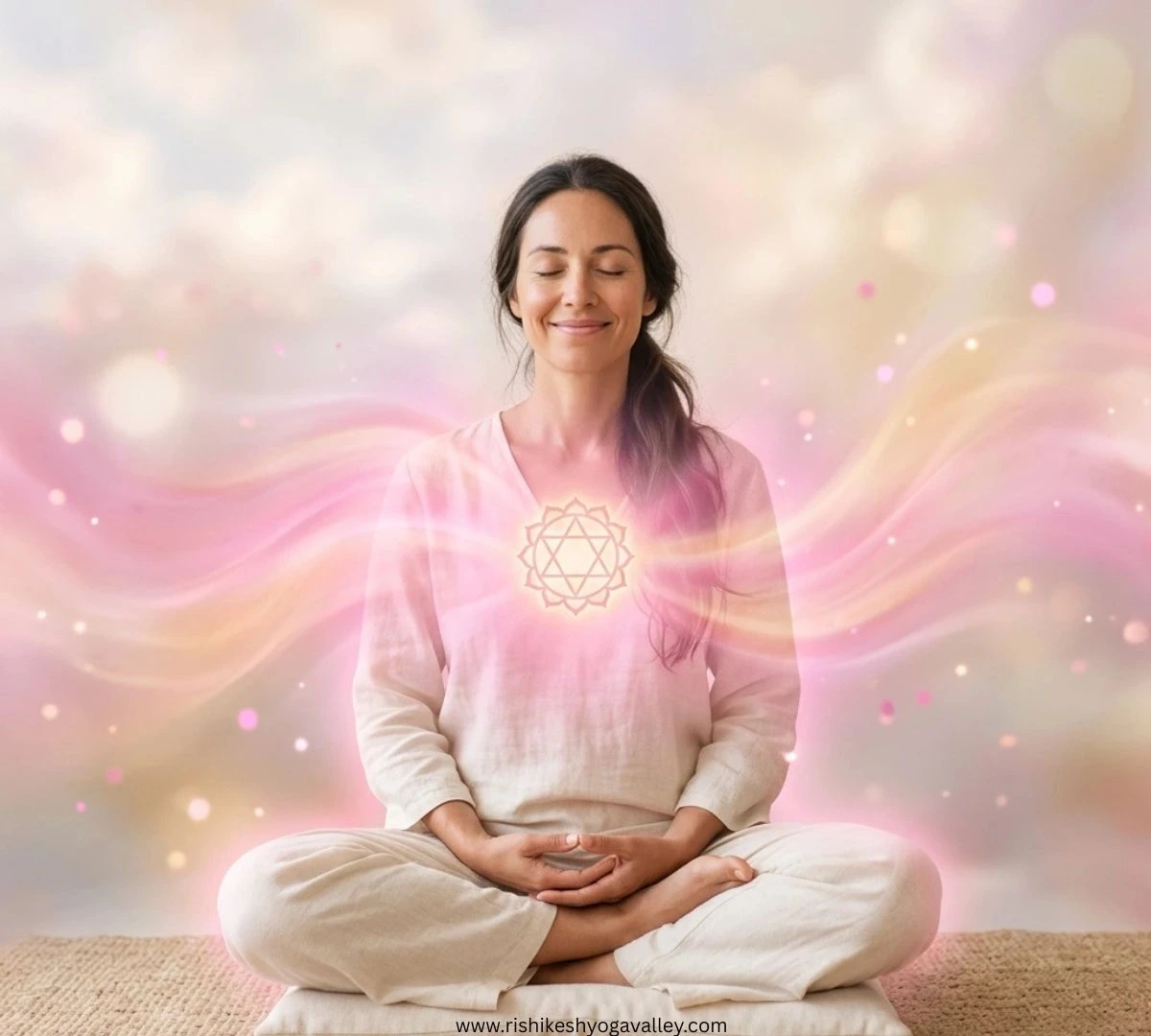 Woman meditating with glowing pink aura around heart chakra representing love, compassion, and emotional healing