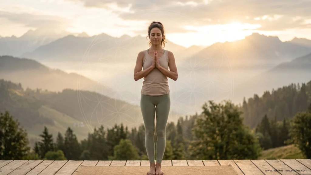 Woman practicing Pranamasana (Prayer Pose) yoga at sunrise with mountain background in calm natural setting