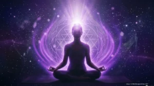Person meditating with glowing purple aura energy representing crown chakra and spiritual awakening