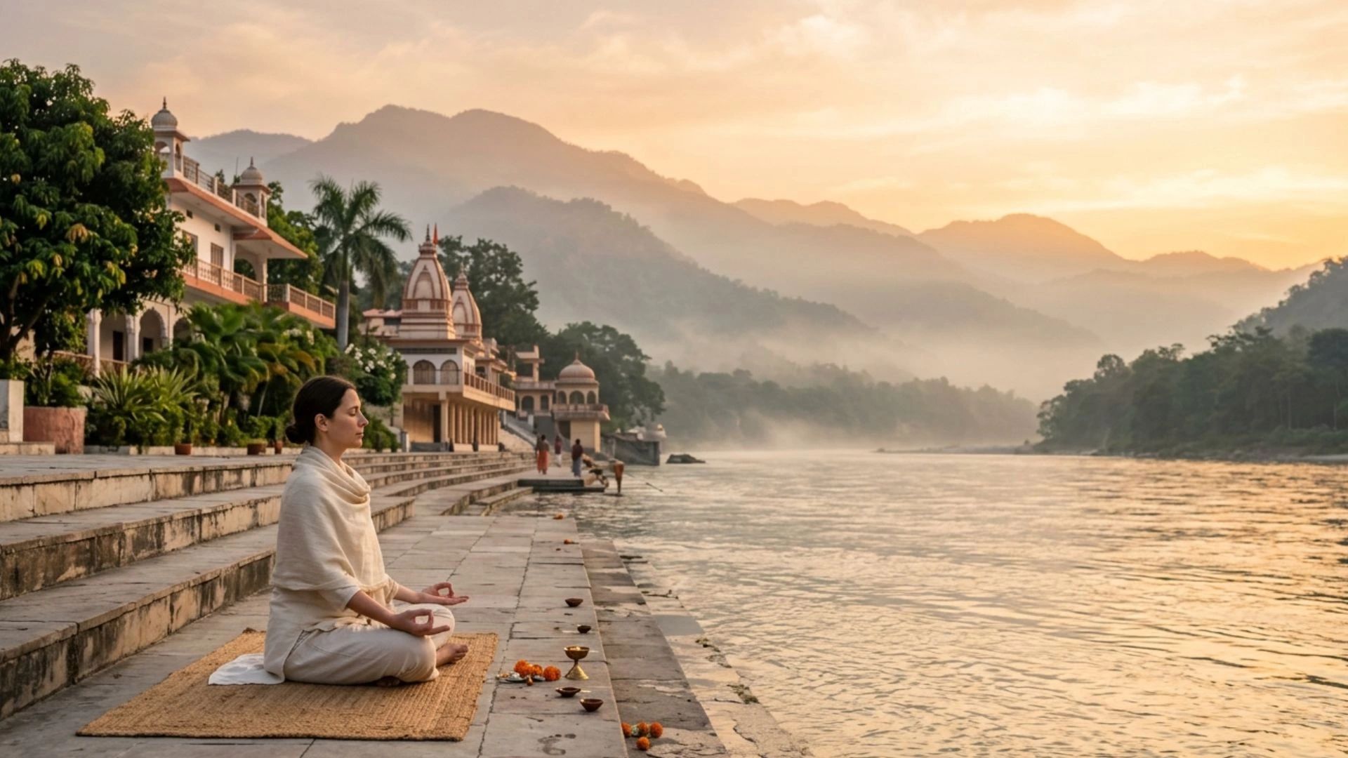Rishikesh ashram for stay near Ganga with person meditating at sunrise in peaceful Himalayan surroundings