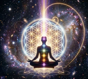 Meditating figure with aligned chakras and sacred geometry flower of life symbol in cosmic background representing spiritual energy