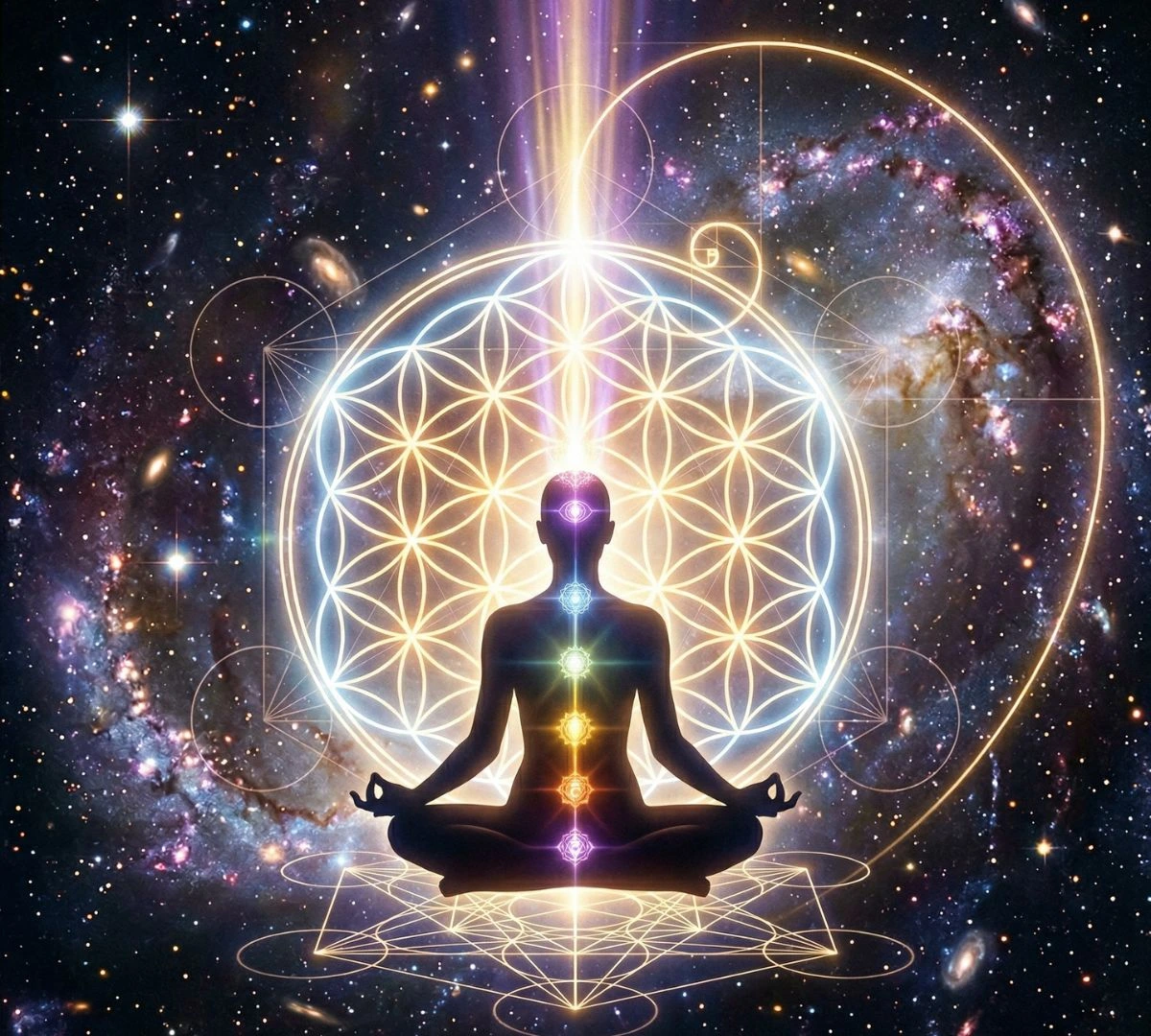 Meditating figure with aligned chakras and sacred geometry flower of life symbol in cosmic background representing spiritual energy