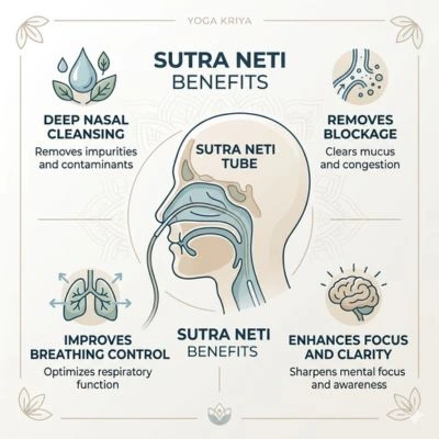 Sutra Neti benefits infographic showing deep nasal cleansing, improved breathing, blockage removal, and mental clarity