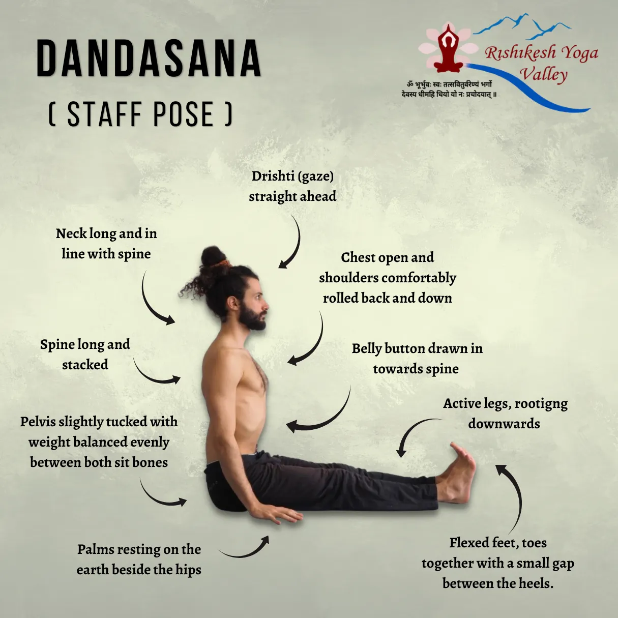 A comprehensive alignment guide for Dandasana (Staff Pose) featuring a man sitting on the floor with legs extended, spine tall, and hands beside hips. The image includes anatomical pointers for correct posture, such as a long spine, flexed feet, and engaged core.