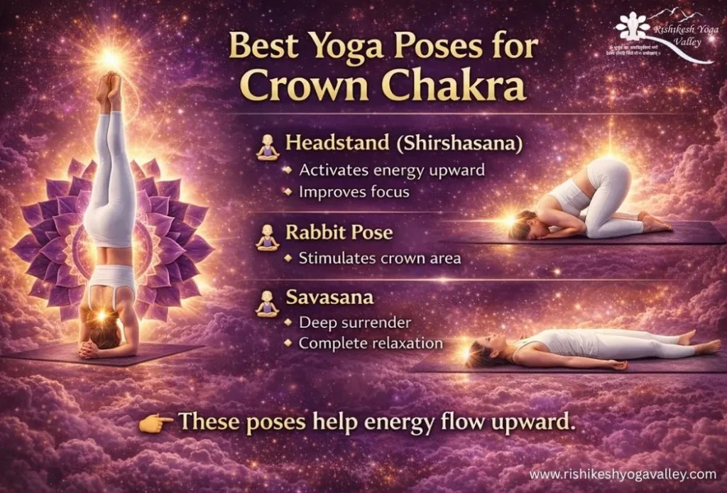 best yoga poses for crown chakra activation including headstand lotus pose meditation pose and sahasrara chakra opening asanas