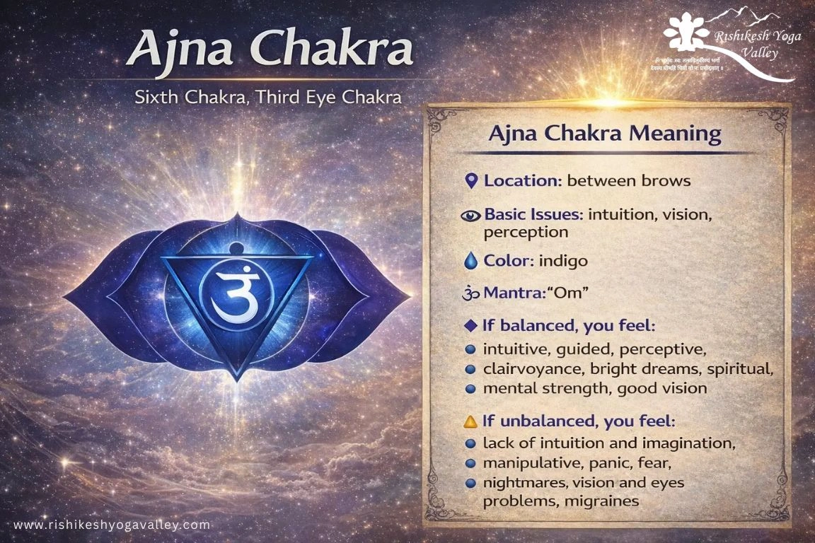 Ajna chakra infographic showing third eye chakra location between eyebrows, indigo color, Om mantra, and its role in intuition, perception, and spiritual awareness.