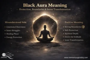 Infographic explaining Black Aura meaning, featuring a silhouette in meditation. It lists positive traits like strong boundaries and inner transformation alongside misunderstood sides like emotional heaviness and healing phases.