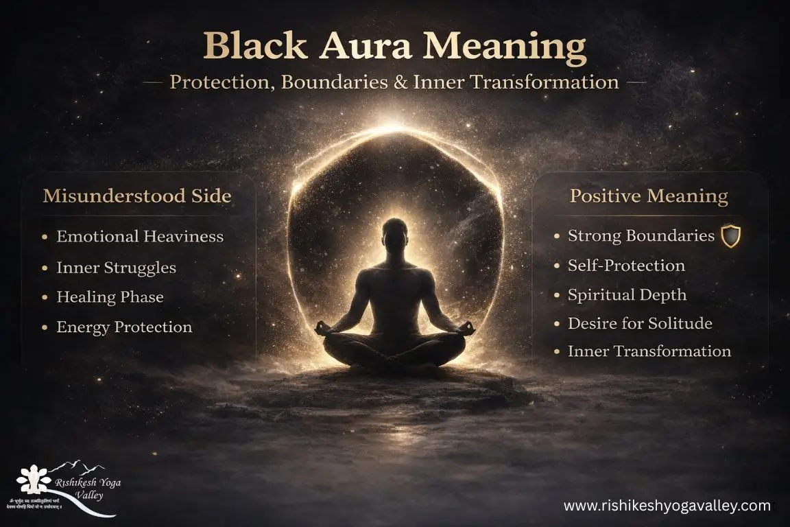 Infographic explaining Black Aura meaning, featuring a silhouette in meditation. It lists positive traits like strong boundaries and inner transformation alongside misunderstood sides like emotional heaviness and healing phases.