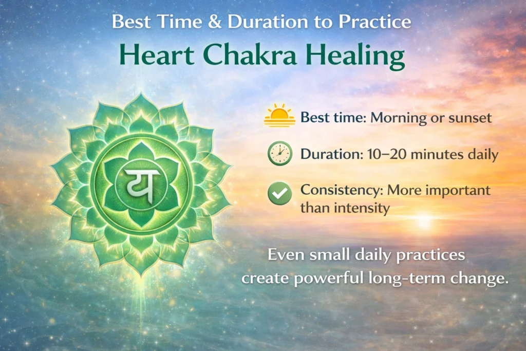 Heart chakra healing infographic showing best time to practice (morning or sunset), duration of 10–20 minutes, and importance of consistency for emotional balance.
