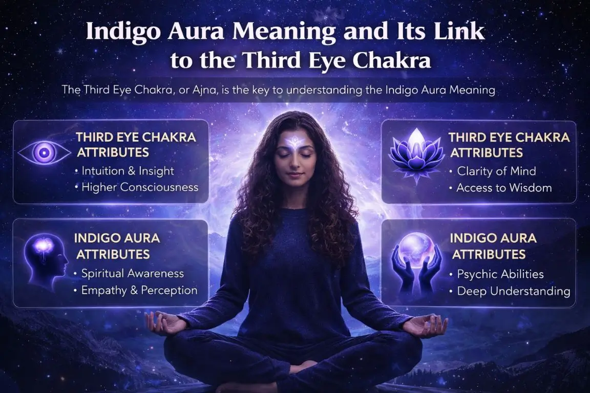 An educational infographic explaining the connection between the Indigo Aura and the Third Eye Chakra (Ajna), featuring a woman in a meditative pose with glowing indigo energy and icons representing intuition, spiritual awareness, and psychic abilities.