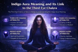 An educational infographic explaining the connection between the Indigo Aura and the Third Eye Chakra (Ajna), featuring a woman in a meditative pose with glowing indigo energy and icons representing intuition, spiritual awareness, and psychic abilities.
