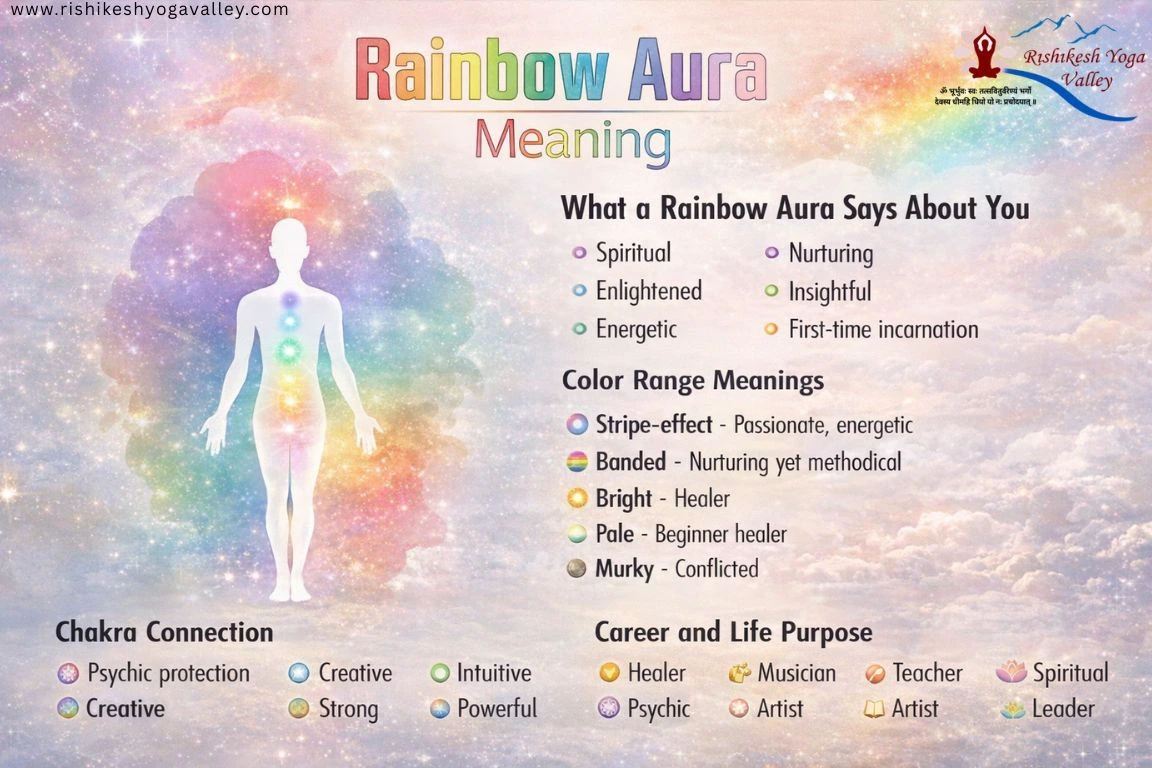 Rainbow aura meaning infographic showing spiritual traits, chakra connection, color meanings, and personality traits like intuitive, nurturing, energetic, and healer energy.
