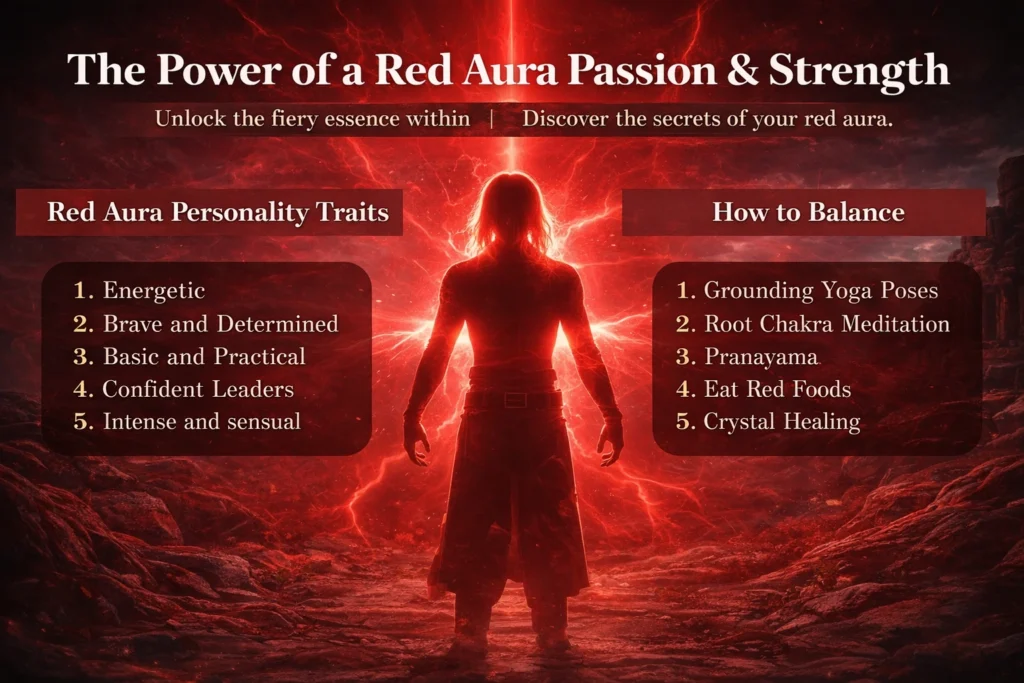 Infographic showing red aura personality traits and how to balance it through grounding yoga, root chakra meditation, and pranayama.