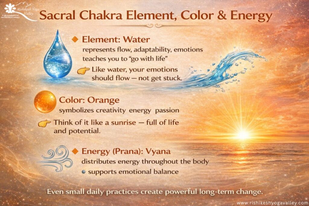 Sacral chakra infographic showing water element, orange color symbolism, emotional flow, creativity, and Vyana prana energy for balance and vitality.