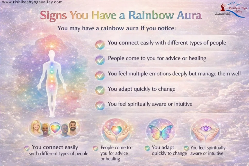 Infographic showing signs of a rainbow aura including strong intuition, emotional depth, adaptability, healing energy, and ability to connect with different people.