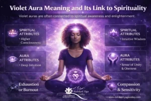 An infographic detailing the meaning of a Violet Aura, highlighting spiritual attributes like higher consciousness, deep intuition, and compassion.