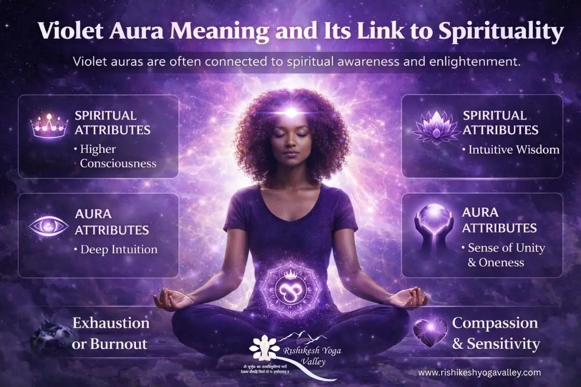 An infographic detailing the meaning of a Violet Aura, highlighting spiritual attributes like higher consciousness, deep intuition, and compassion.