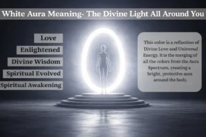 White aura meaning infographic showing divine light, spiritual awakening, enlightenment, and universal energy surrounding a human figure.