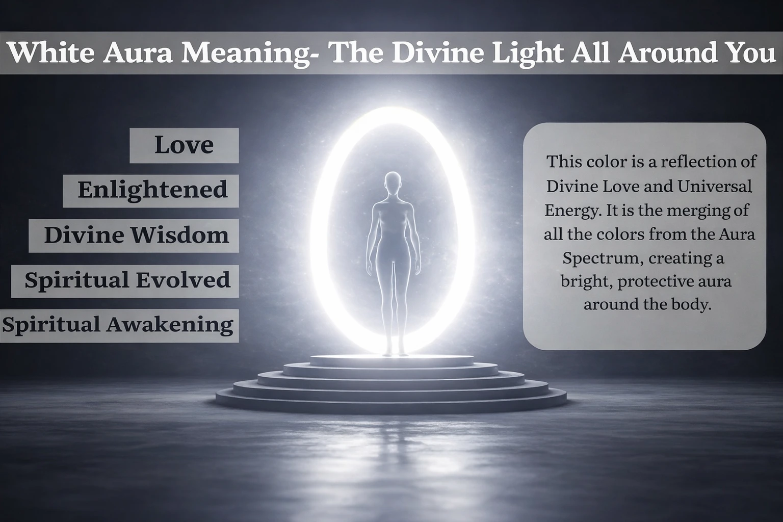 White aura meaning infographic showing divine light, spiritual awakening, enlightenment, and universal energy surrounding a human figure.