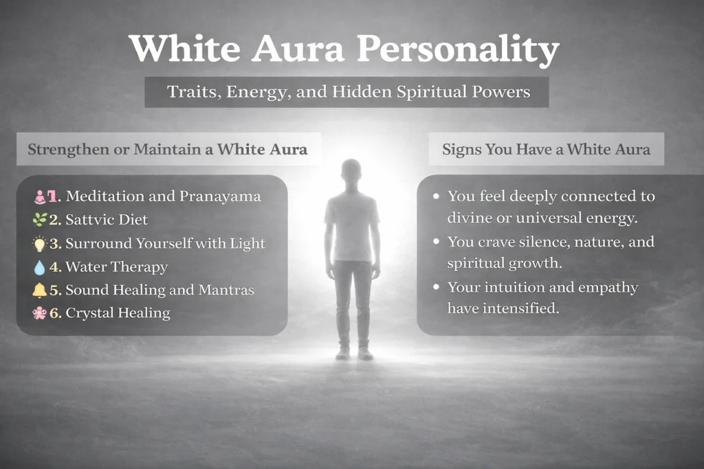White aura personality infographic showing traits, spiritual energy, signs of having a white aura, and ways to strengthen it through meditation and healing practices.
