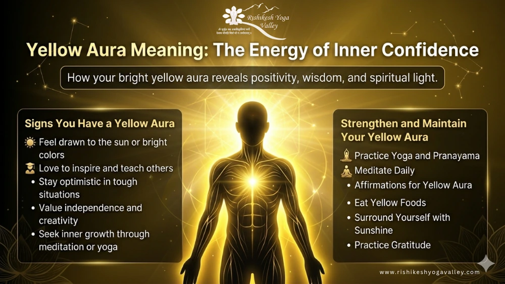 Infographic explaining yellow aura meaning, signs of a yellow aura, and how to strengthen spiritual energy through yoga and meditation.