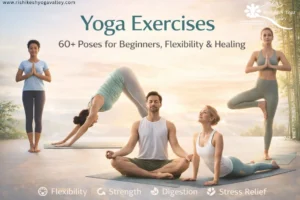 Yoga exercises for beginners showing multiple poses for flexibility, strength, digestion, and stress relief