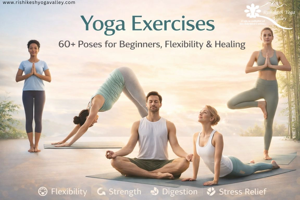 Yoga exercises for beginners showing multiple poses for flexibility, strength, digestion, and stress relief