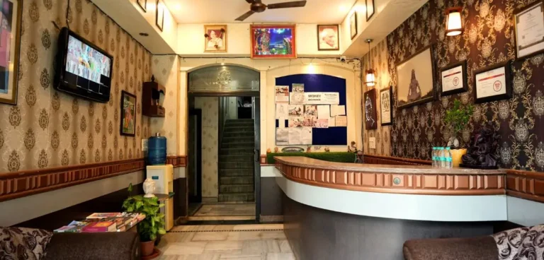 Reception area of yoga school during 14 days yoga retreat in Rishikesh India with peaceful accommodation environment