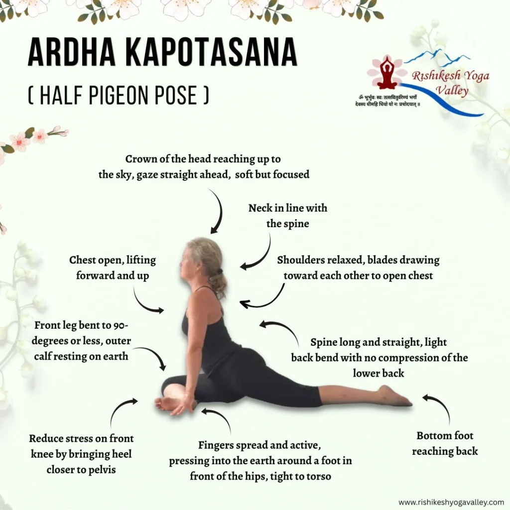 Woman performing Ardha Kapotasana (Half Pigeon Pose) with one leg bent in front and the other extended behind, demonstrating posture alignment cues for spine, chest, shoulders, neck, hips, and foot placement.