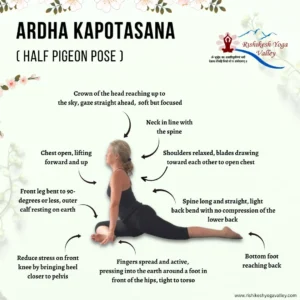 Woman performing Ardha Kapotasana (Half Pigeon Pose) with one leg bent in front and the other extended behind, demonstrating posture alignment cues for spine, chest, shoulders, neck, hips, and foot placement.
