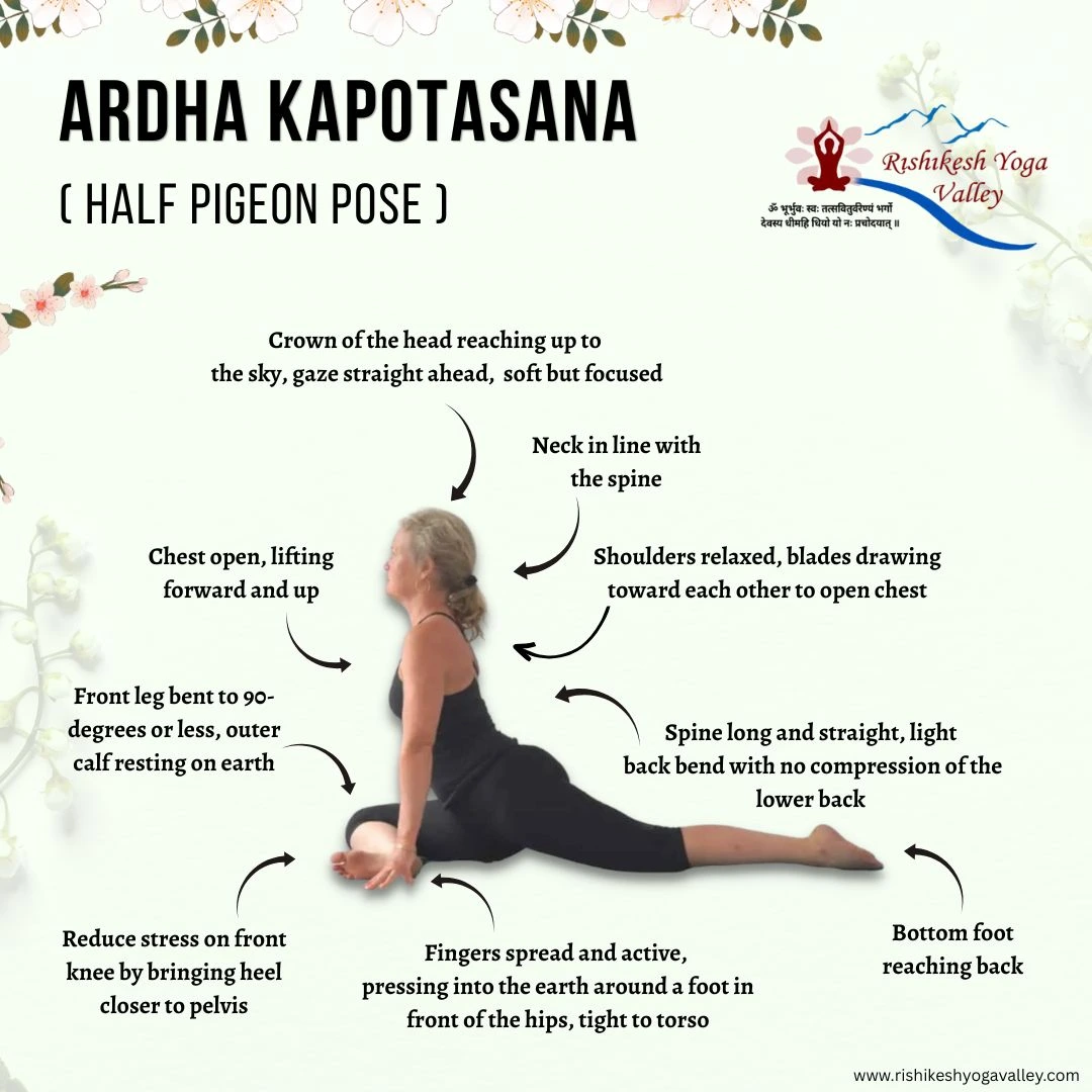 Woman performing Ardha Kapotasana (Half Pigeon Pose) with one leg bent in front and the other extended behind, demonstrating posture alignment cues for spine, chest, shoulders, neck, hips, and foot placement.