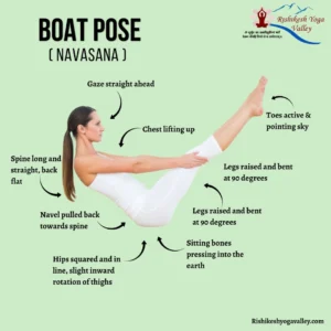 Illustration of Boat Pose (Navasana) yoga posture showing a woman balancing on her sitting bones with legs raised at a 90-degree angle and arms extended forward, including alignment and posture cues.