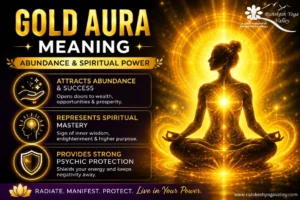 Gold aura meaning infographic showing spiritual power, abundance, psychic protection, enlightenment, prosperity, and higher consciousness through meditation energy.