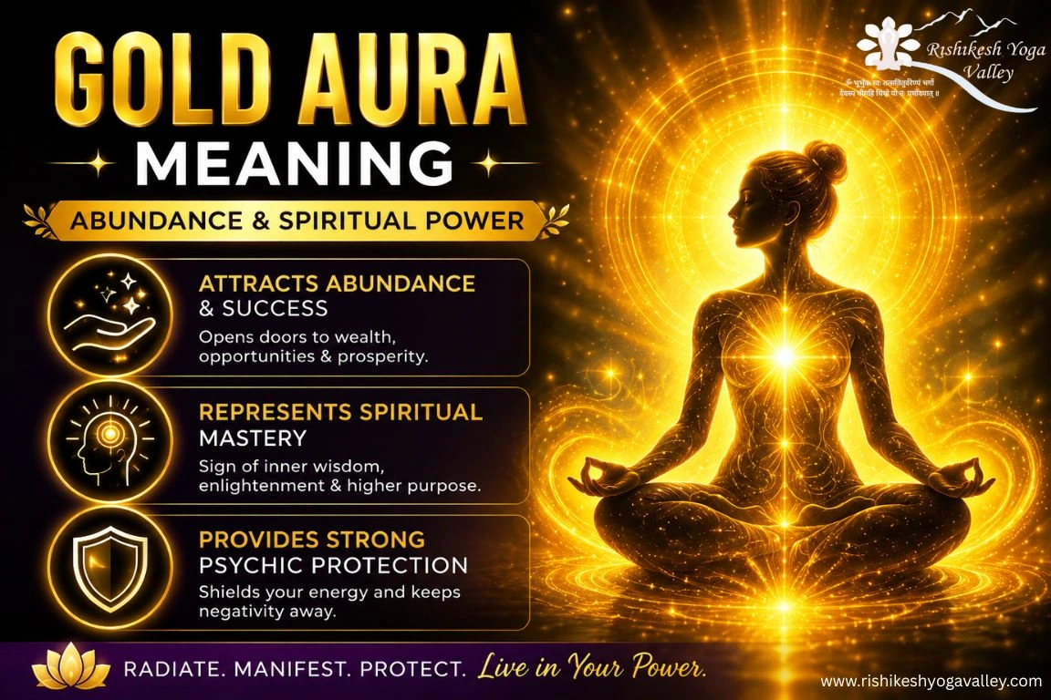 Gold aura meaning infographic showing spiritual power, abundance, psychic protection, enlightenment, prosperity, and higher consciousness through meditation energy.