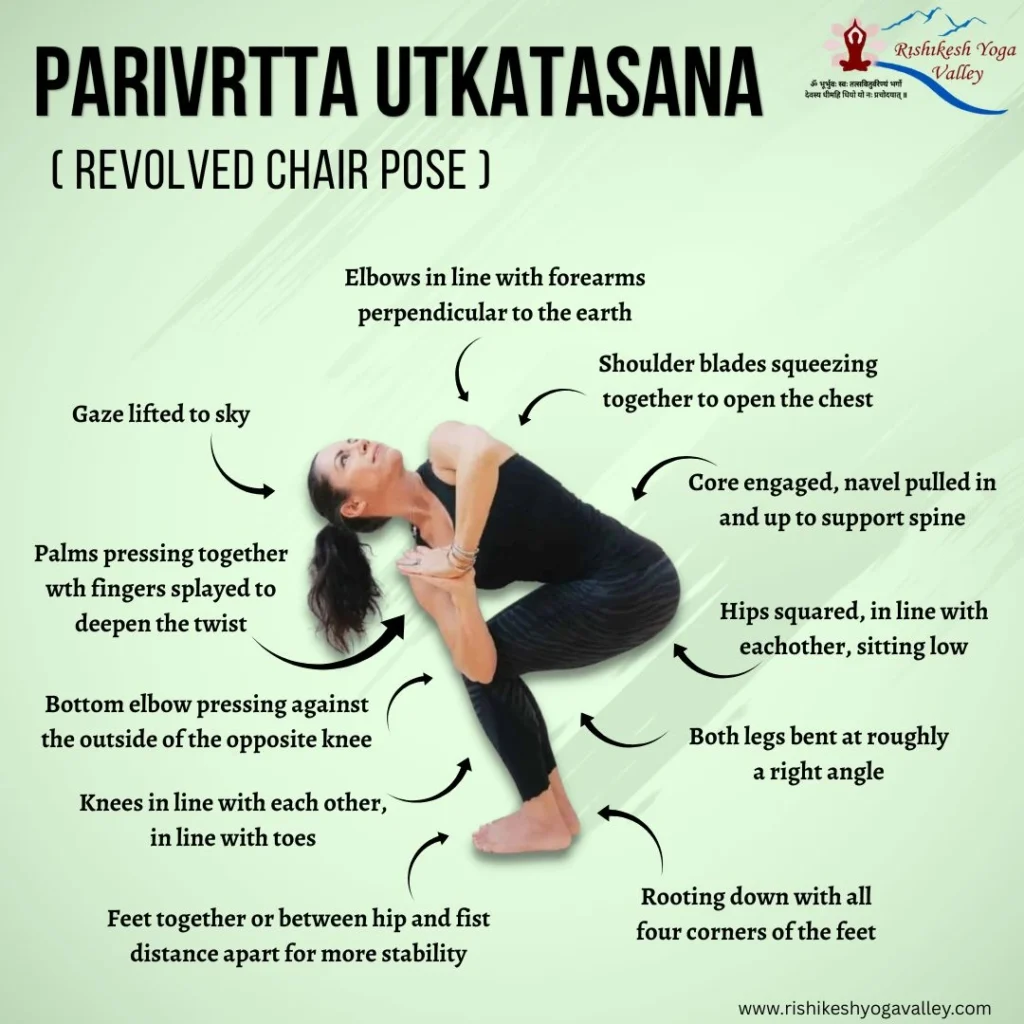 Woman demonstrating Parivrtta Utkatasana (Revolved Chair Pose) with alignment cues showing proper posture, twist, core engagement, knee positioning, and foot grounding in yoga practice.