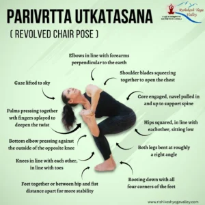 Woman demonstrating Parivrtta Utkatasana (Revolved Chair Pose) with alignment cues showing proper posture, twist, core engagement, knee positioning, and foot grounding in yoga practice.