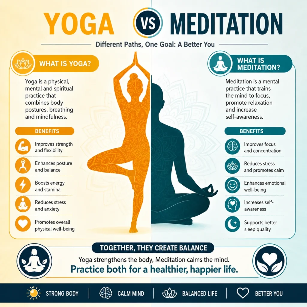 Infographic comparing yoga and meditation, showing yoga as a physical and spiritual practice that improves strength, flexibility, balance, and energy, while meditation enhances focus, relaxation, emotional well-being, self-awareness, and sleep quality.