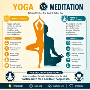 Infographic comparing yoga and meditation, showing yoga as a physical and spiritual practice that improves strength, flexibility, balance, and energy, while meditation enhances focus, relaxation, emotional well-being, self-awareness, and sleep quality.