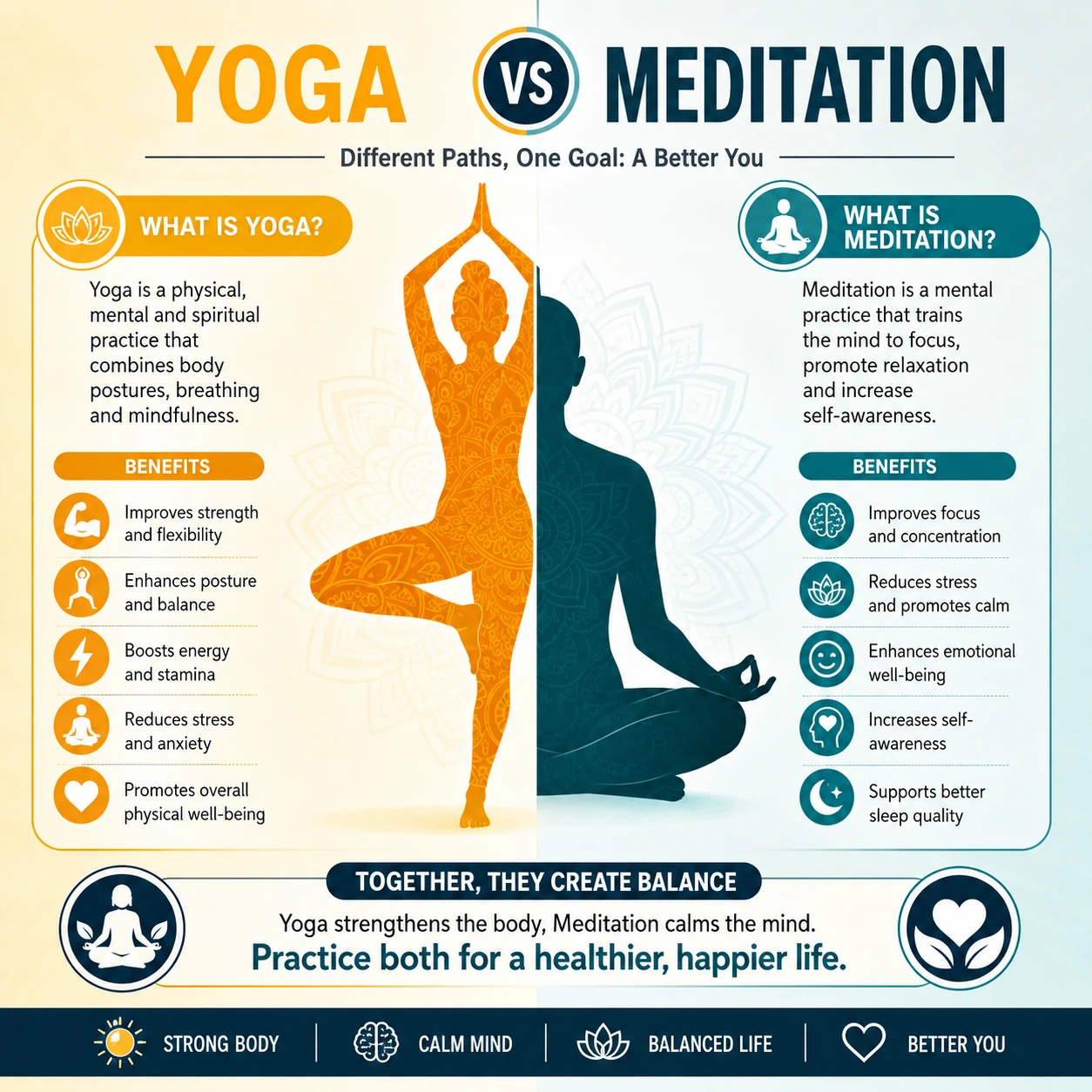 Infographic comparing yoga and meditation, showing yoga as a physical and spiritual practice that improves strength, flexibility, balance, and energy, while meditation enhances focus, relaxation, emotional well-being, self-awareness, and sleep quality.