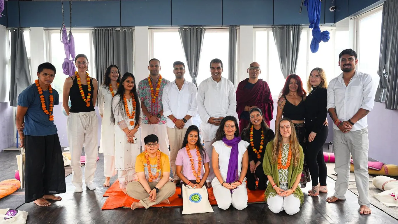International students and teachers celebrating the completion of a 100 hour Kundalini Yoga Teacher Training in Rishikesh India.