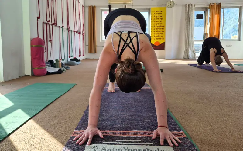 A student practices downward-facing dog pose during an intensive 300 hour yoga teacher training in Rishikesh.
