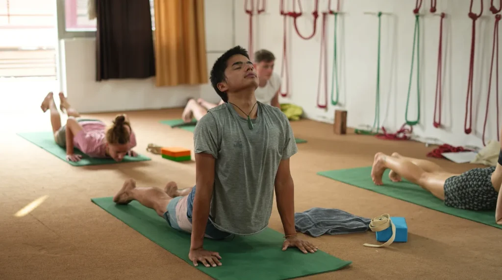 A young man practicing cobra pose Bhujangasana in a yoga training hall, highlighting why the school you choose matters more than you think.
