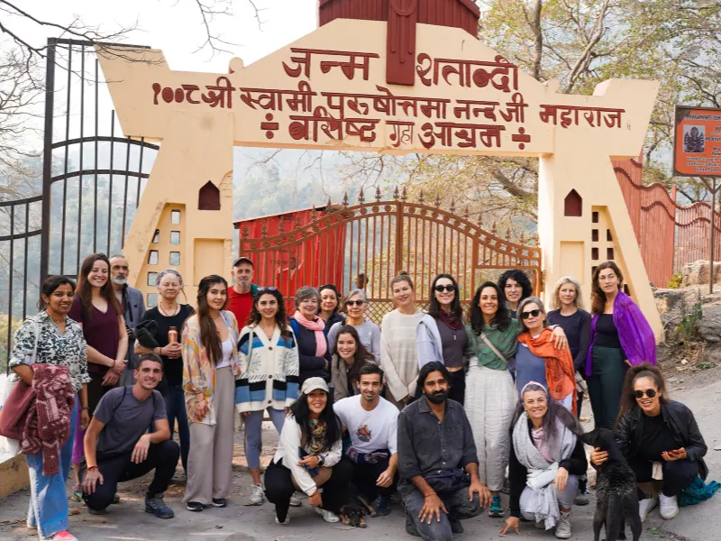 Yoga retreat participants visiting a spiritual site during a 10 Days Yoga Retreat in Rishikesh
