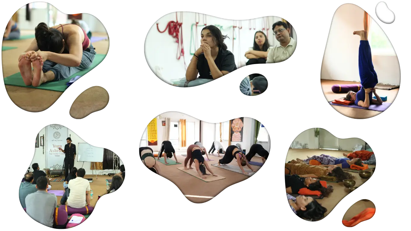 Students practicing asanas, meditation, sound healing, and yoga philosophy during the 200 Hour Yoga Teacher Training in Rishikesh at Rishikesh Yoga Valley.
