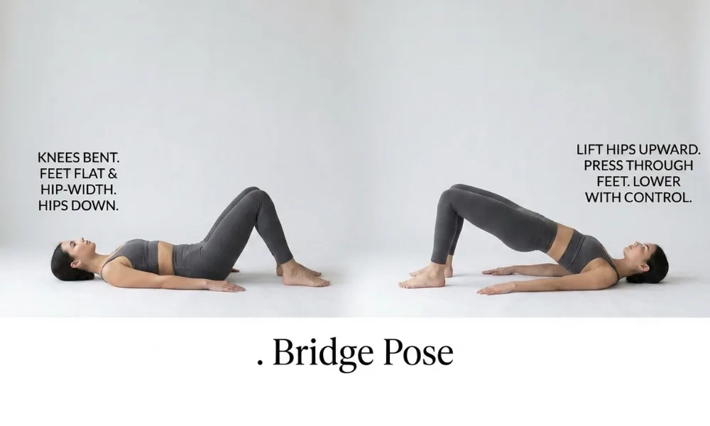 Step-by-step guide to bridge pose showing initial setup with knees bent and lifting hips upward while pressing feet into the mat.