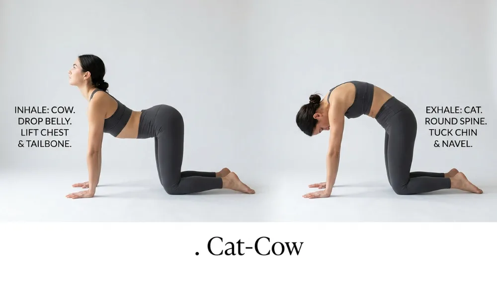 Step-by-step demonstration of the cat-cow pose showing how to inhale into cow pose and exhale into cat pose for back mobility.
