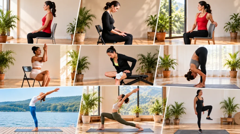 Yoga for Desk Workers with seated chair stretches and standing yoga poses