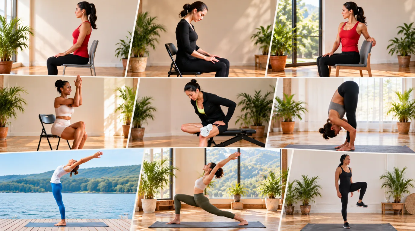 Yoga for Desk Workers with seated chair stretches and standing yoga poses